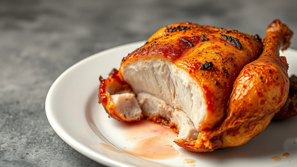 Golden-brown smoked chicken quarter with crispy skin on white plate, cross-section showing pink smoke ring beneath surface, professional food photography style