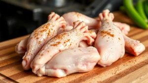 Close-up of raw chicken wings seasoned with dry rub on wooden cutting board, showing separation of drumettes and flats, professional kitchen lighting, steam visible in background