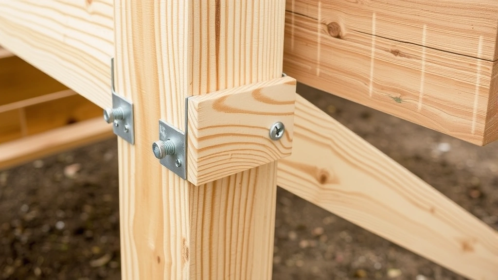 Close-up of pressure-treated 2x10 beam bolted securely to a 4x4 post using galvanized bolts and metal brackets, demonstrating proper structural connection on a deck frame under construction