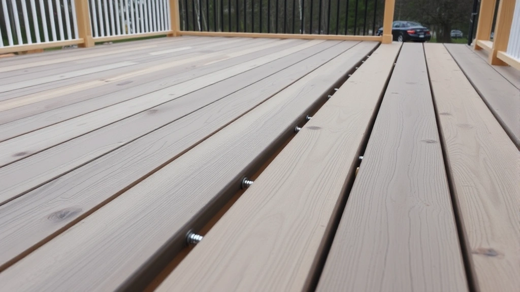 Wide shot of composite decking boards being installed on completed joist framing, showing consistent spacing between boards and stainless steel screws, with finished railing posts visible in background