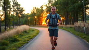 Person walking on flat paved trail at sunrise with trees in background, wearing proper walking gear and hydration pack, neutral expression of determination
