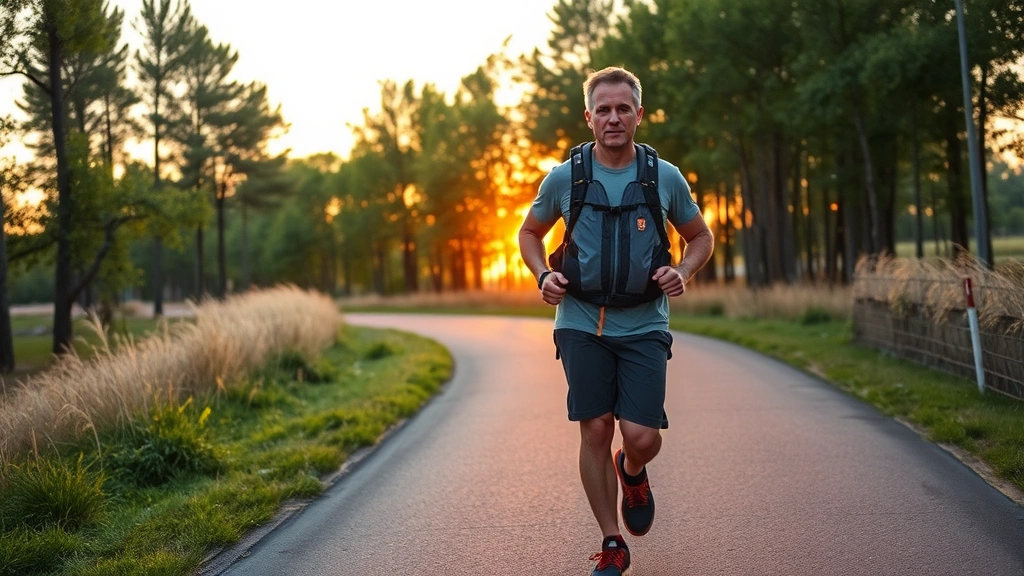 Person walking on flat paved trail at sunrise with trees in background, wearing proper walking gear and hydration pack, neutral expression of determination