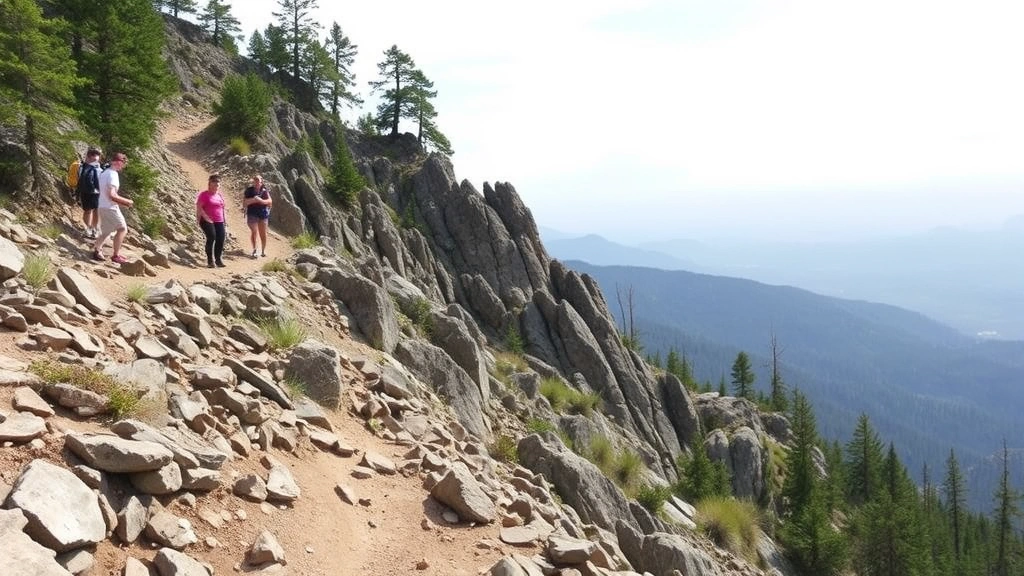 Group of hikers on rocky mountain trail with elevation gain, varied terrain, some walking uphill, natural landscape with trees and sky