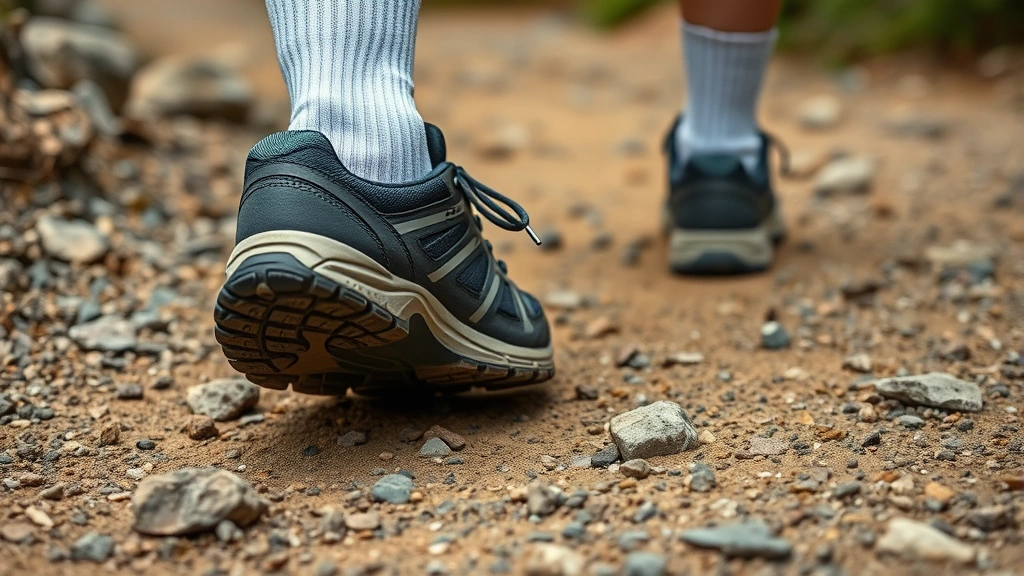 Close-up of proper walking shoes on trail surface, moisture-wicking socks visible, natural outdoor ground with rocks and dirt path