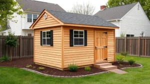Photorealistic image of a completed wooden shed with gable roof and vinyl siding in a residential backyard, showing proper grading and landscaping around foundation, natural daylight, no text or labels