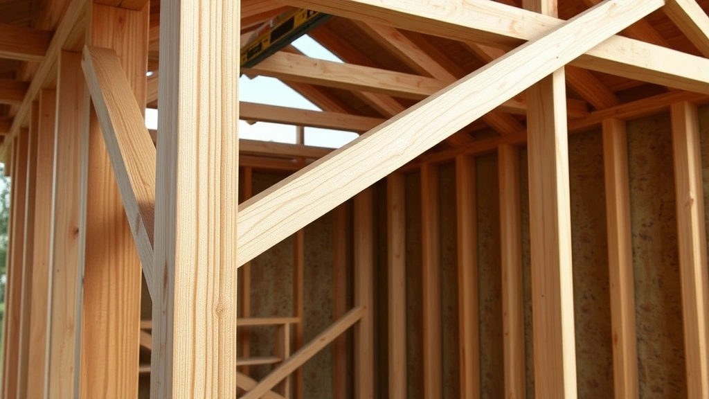 Close-up photorealistic view of shed framing in progress showing 2x4 wall studs, diagonal bracing, and proper spacing, with level and measuring tape visible on lumber, construction site setting, no text