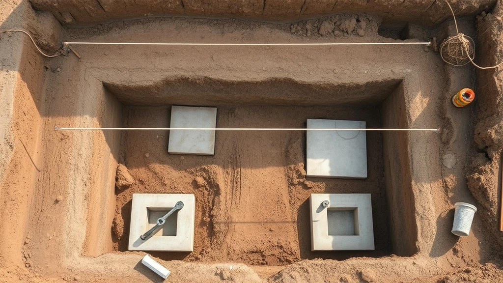 Overhead view of leveled shed foundation site with string lines marking building corners and concrete footings visible in excavated holes, natural daylight, construction site