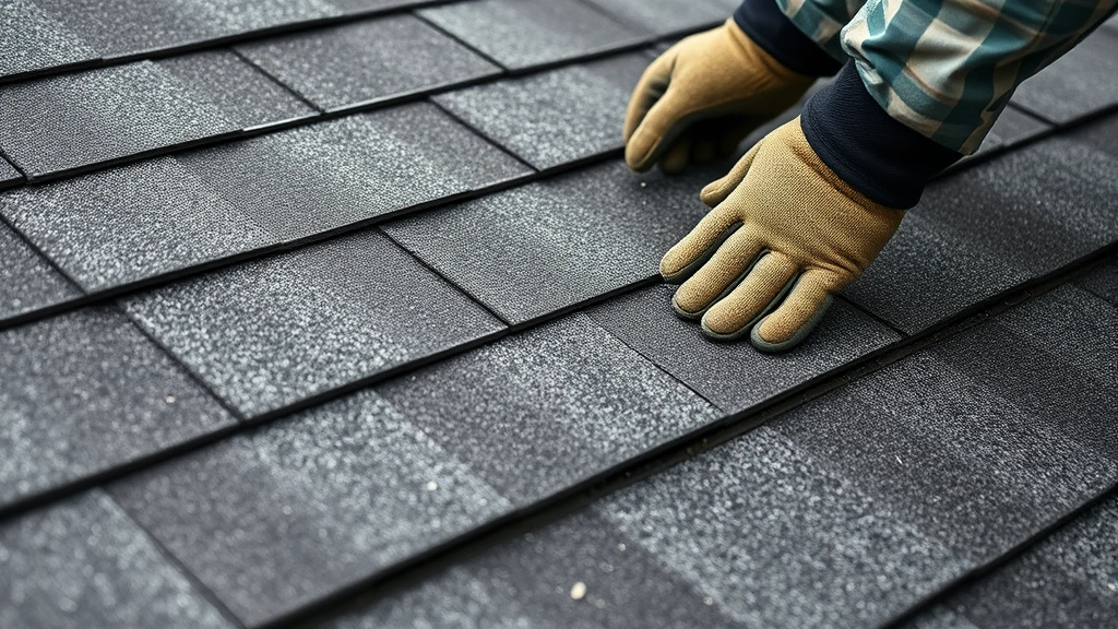 Close-up of roofing installation showing asphalt shingles being nailed onto plywood sheathing with metal flashing around roof edge, hands of roofer in work gloves visible