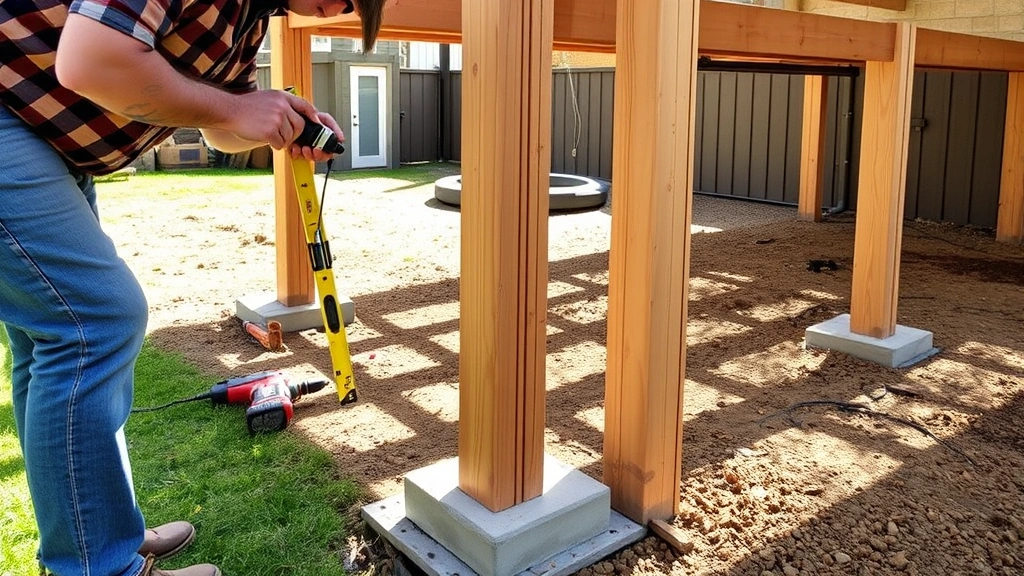 Professional carpenter installing deck posts into concrete footings with level tool, measuring tape, and power drill visible, sunny residential backyard setting