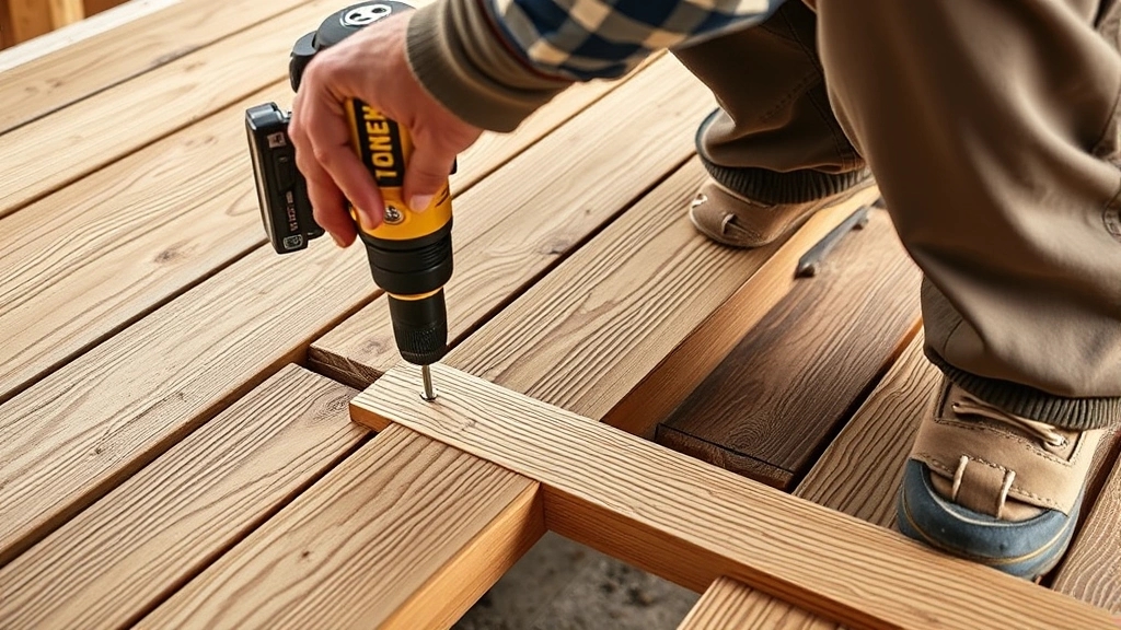 Worker fastening pressure-treated deck boards to floor joists using power drill, showing proper spacing and alignment, close-up of fastener installation technique