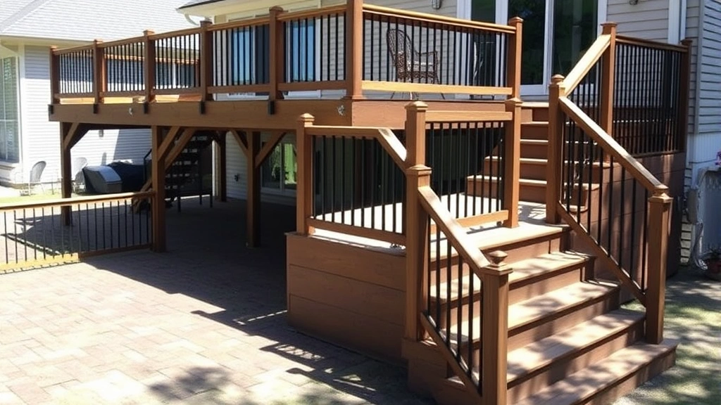 Completed multi-level composite deck with built-in railings and stairs, showing finished stain application, natural daylight, residential home exterior