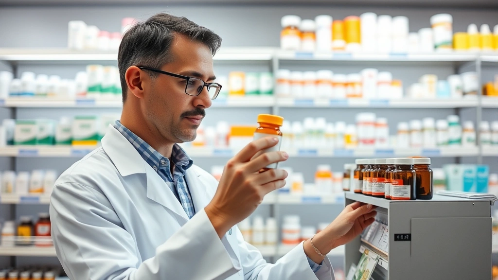 Pharmacist in white coat reviewing medication bottles and capsules in modern pharmacy setting, bright professional lighting, organized pharmaceutical shelves in background