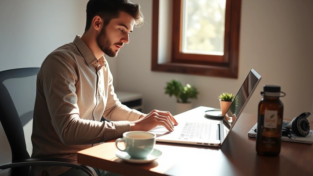Person sitting at desk with laptop showing improved focus and concentration, natural morning sunlight through window, coffee cup and water bottle on desk surface