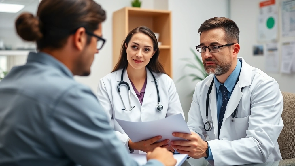 Doctor and patient having consultation in clinical office, reviewing medical notes and discussing ADHD medication treatment plan, professional healthcare environment