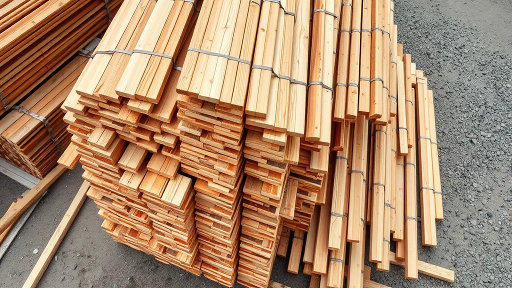 Aerial view of pressure-treated lumber pile organized by size, stacked neatly with metal strapping, outdoor construction yard setting, natural daylight, focused on material organization and preparation