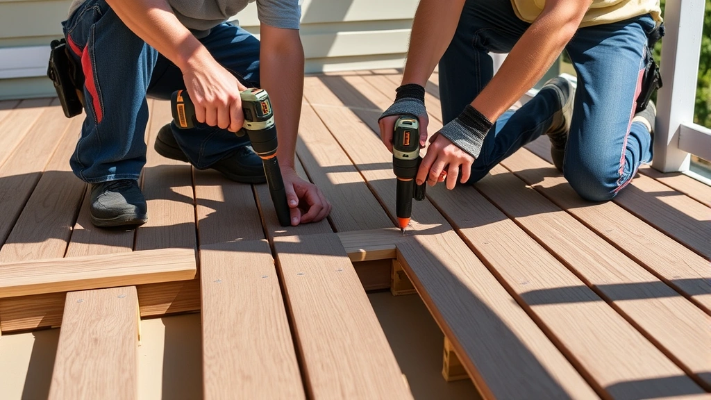 Two contractors installing composite decking boards on wooden joists, using cordless impact drivers, plastic spacers visible between boards, professional work-in-progress, sunny day with shadows