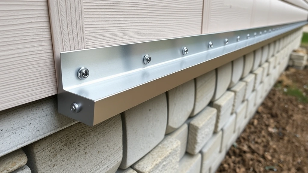 Close-up of properly installed ledger board with metal flashing, visible fasteners in straight lines, house foundation, caulk around edges, demonstrating correct waterproofing installation detail
