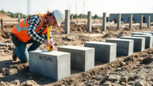 Professional carpenter measuring and leveling concrete pier foundation blocks on prepared ground with multiple posts visible, outdoor daytime construction site