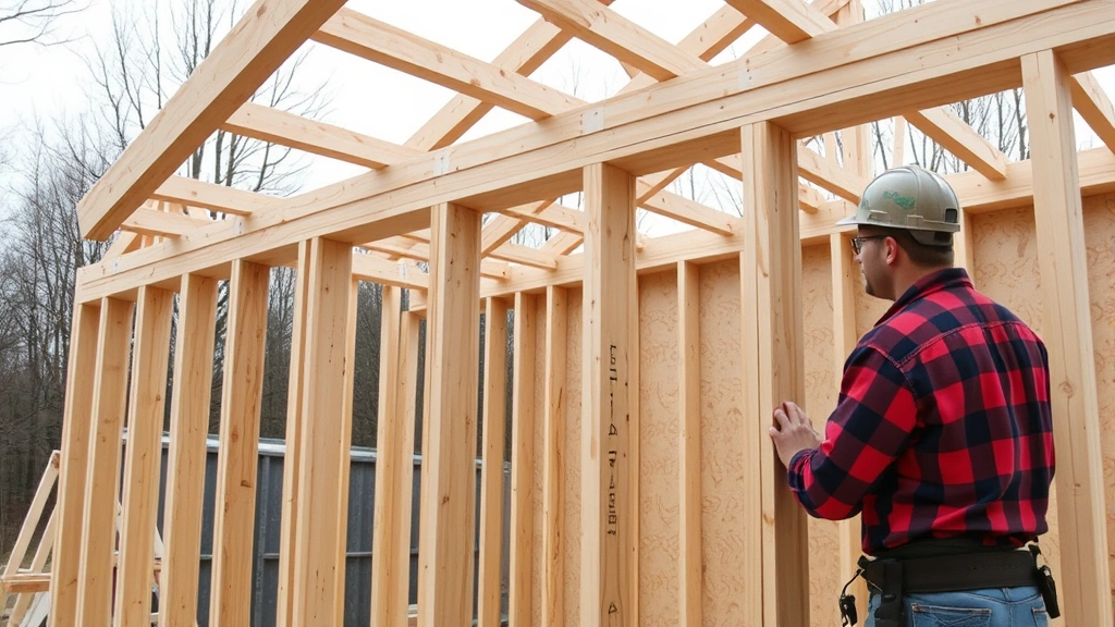 Worker framing shed wall structure with 2x4 studs, showing precise spacing and temporary diagonal bracing, construction in progress