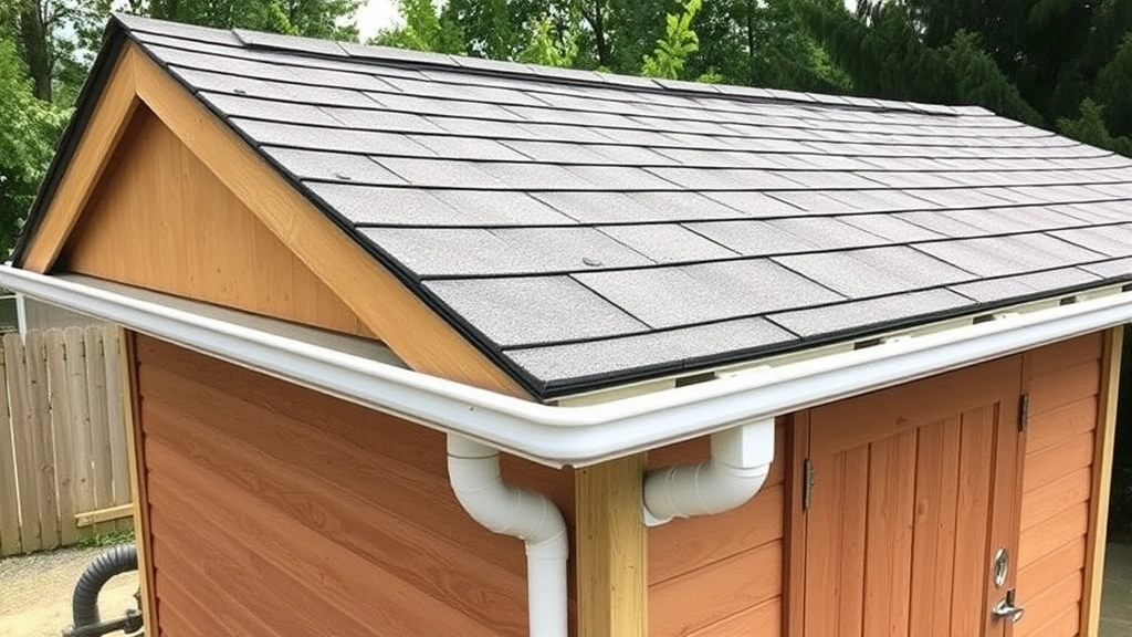 Completed shed roof with asphalt shingles, gutters, and downspouts installed, showing proper water management details on finished structure