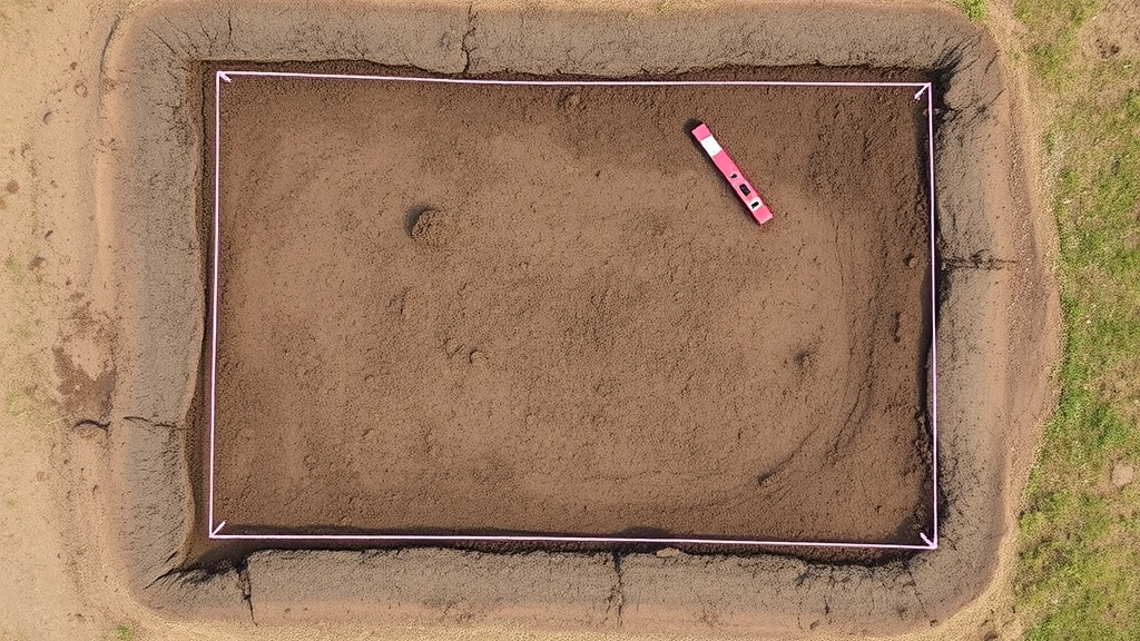 Aerial view of a properly graded and compacted soil base for a shed foundation, showing sloped ground directing water away, with string lines and level tools marking the perimeter