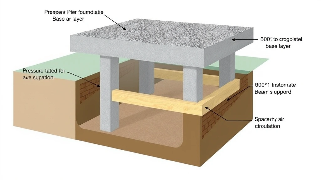 Cross-section diagram visualization showing concrete pier foundation system with proper gravel base layer, pressure-treated beam support, and spacing beneath for air circulation
