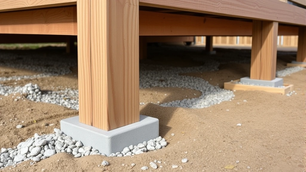 Close-up of pressure-treated wooden deck posts set in concrete footings with proper drainage gravel visible, showing correct post base installation on construction site