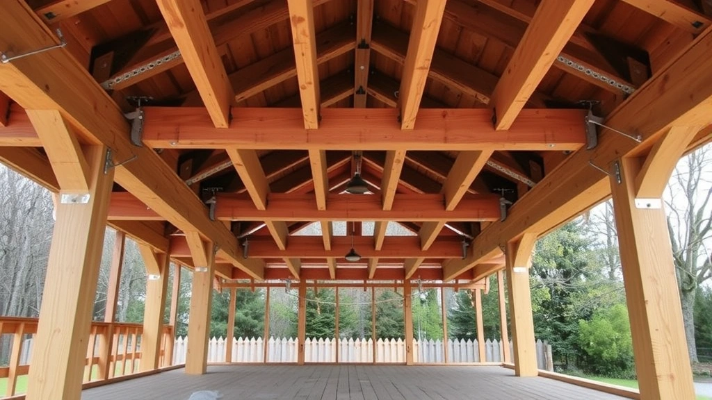 Wide angle view of deck framing structure showing installed beams, joists with galvanized hangers, and rim joists before decking boards are laid, demonstrating proper spacing and alignment