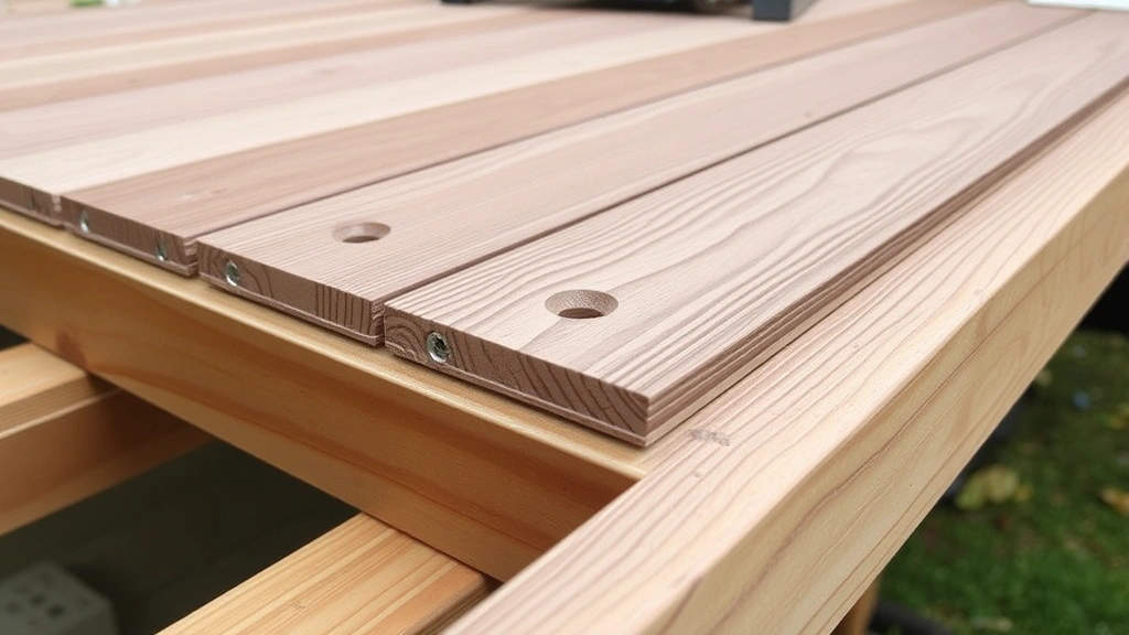 Detail shot of composite decking boards being installed with consistent spacing, showing corrosion-resistant fasteners and proper board alignment on residential deck frame