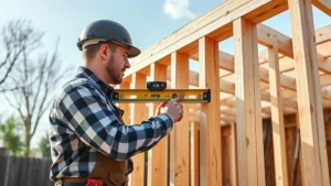 Professional carpenter using level on wooden wall frame of shed structure under construction, outdoor daylight, showing proper framing technique with 2x4 lumber studs