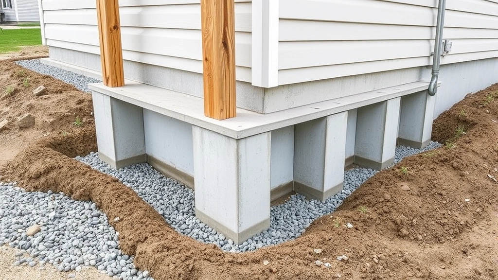 Concrete pier foundation with pressure-treated wooden posts set on concrete footings, showing proper foundation installation with gravel base and drainage setup