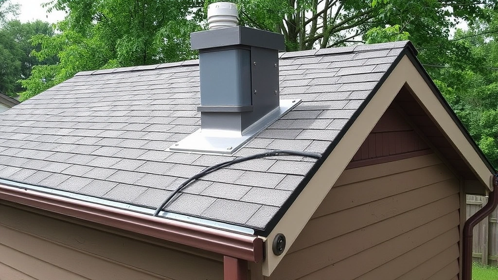 Finished shed roof installation with asphalt shingles, metal flashing around vent pipe, properly installed gutters and downspouts, completed waterproofing system