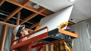 Professional drywall installer using mechanical lift to position sheet against ceiling framing, wearing safety glasses and work gloves, modern construction site with proper lighting