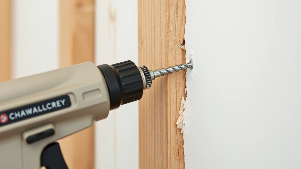 Drywall screw gun with clutch control fastening sheet to wooden stud, showing proper screw depth dimple in white paper surface, close-up detail shot