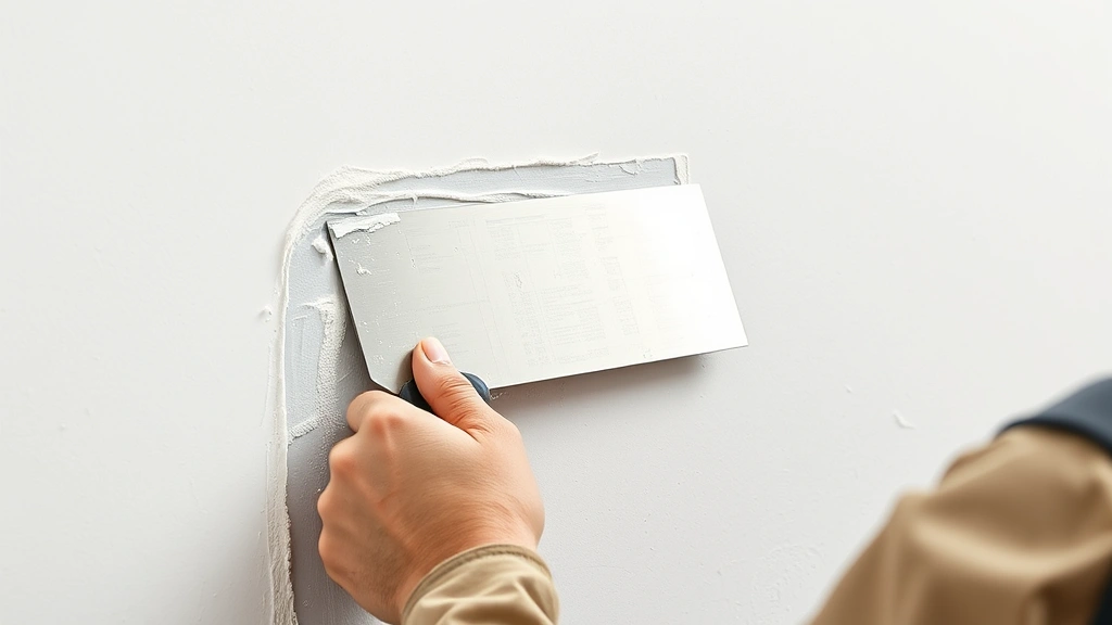 Worker applying joint compound with 12-inch putty knife over drywall tape on wall seam, feathering edges smoothly, professional finishing technique demonstration