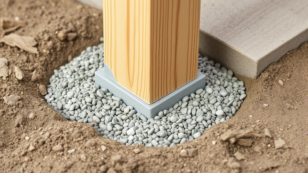 Close-up of concrete-set deck post foundation showing gravel base layer and properly cured concrete around a 4x4 pressure-treated post, with ground visible