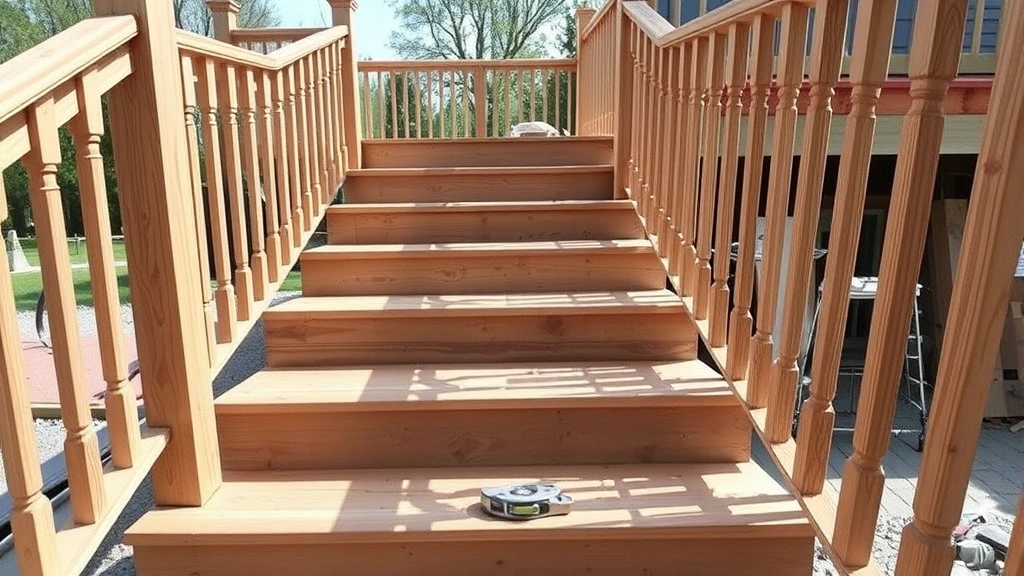 Wide angle of deck stair construction showing consistent step height, handrails, and baluster spacing, with a level tool visible, photographed during daytime construction