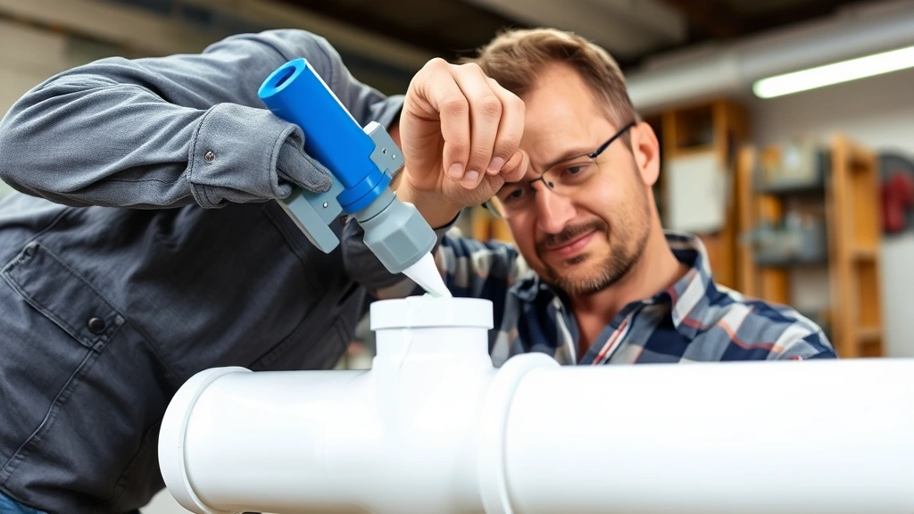 Professional plumber applying PVC cement to white schedule 40 PVC pipe and coupling fitting in well-lit workshop with proper ventilation, showing correct application technique with thin consistent cement layer