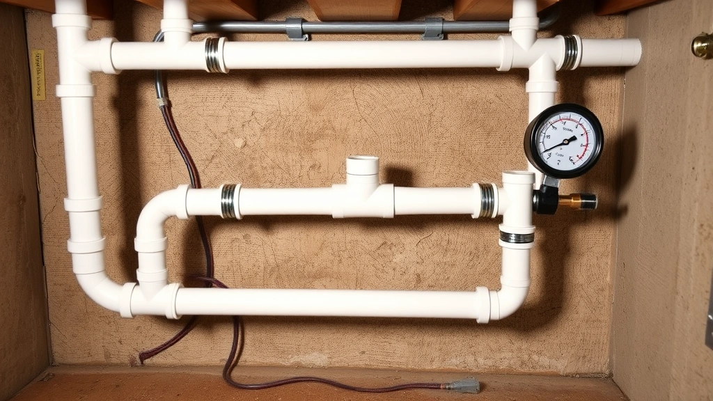 Completed PVC plumbing system installation in basement with multiple joints and fittings visible, showing professional quality connections ready for pressure testing with pressure gauge attached to system