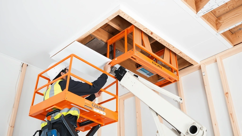 Professional drywall installation showing worker using mechanical lift to position large sheet against ceiling framing, demonstrating proper technique and equipment