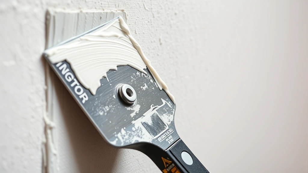 Close-up of taping and mudding process with drywall knife spreading joint compound over taped seam, showing proper technique and tool angle