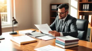 Professional executor or estate attorney reviewing legal documents at wooden desk with multiple folders and file organizers, morning sunlight through office window, neutral office background