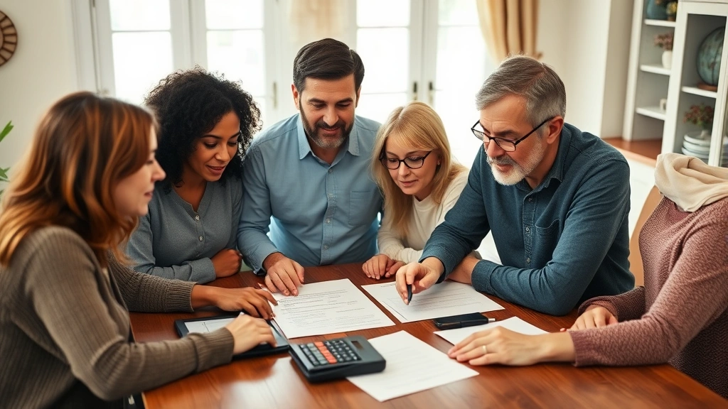 Diverse family members sitting around dining table reviewing estate paperwork together, serious but cooperative expressions, papers and calculator visible, warm home setting with natural light