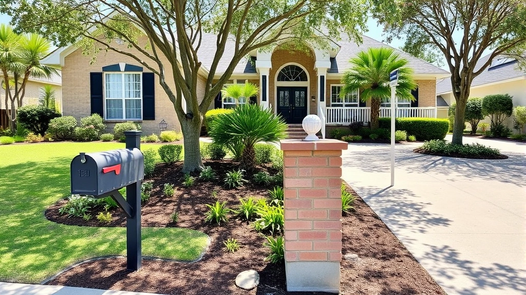 Estate property exterior showing residential home with landscaping, mailbox, and driveway, daytime photography, clear visibility of building condition and maintenance