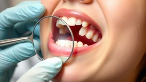 Close-up photo of a patient's mouth showing healthy gums and teeth during a dental examination, dentist wearing gloves holding dental mirror, warm clinical lighting, professional dental office setting