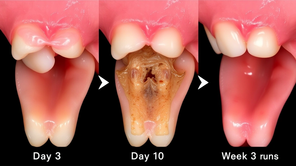 Post-extraction healing progression series showing a dental socket at different stages - day 3 with slight swelling, day 10 with granulation tissue forming, week 3 with gum tissue healing, close clinical photography