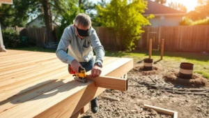 Professional carpenter measuring and marking pressure-treated lumber for deck construction on a sunny residential backyard with freshly dug post holes visible in the background