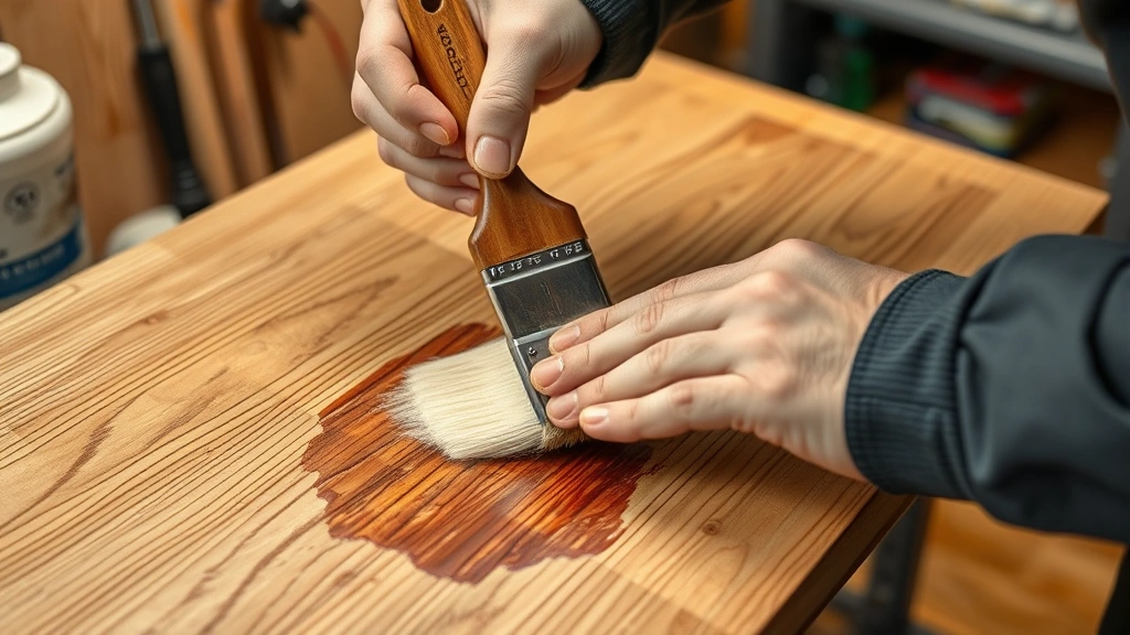 Professional applying wood stain with foam brush to oak hardwood surface, showing even application technique and proper brush handling, bright workshop lighting