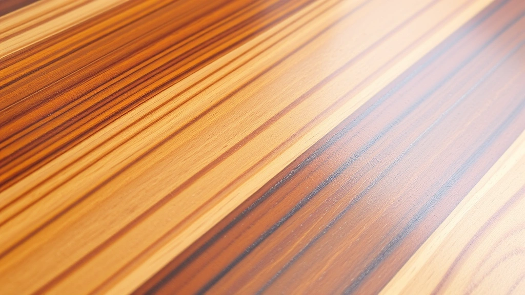 Finished wood stain on pine board with polyurethane topcoat applied, demonstrating rich color and protective glossy finish, photographed at angle showing depth and sheen