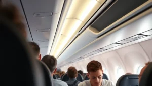 Wide-angle interior photograph of modern commercial aircraft cabin during flight, showing multiple passengers in economy seats with overhead bins, neutral lighting from windows, realistic cabin atmosphere with attendant visible in background